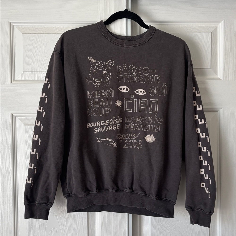 Clare V. Oversized Charcoal Gray Graphic Crew Sweatshirt Size XS 100% Cotton